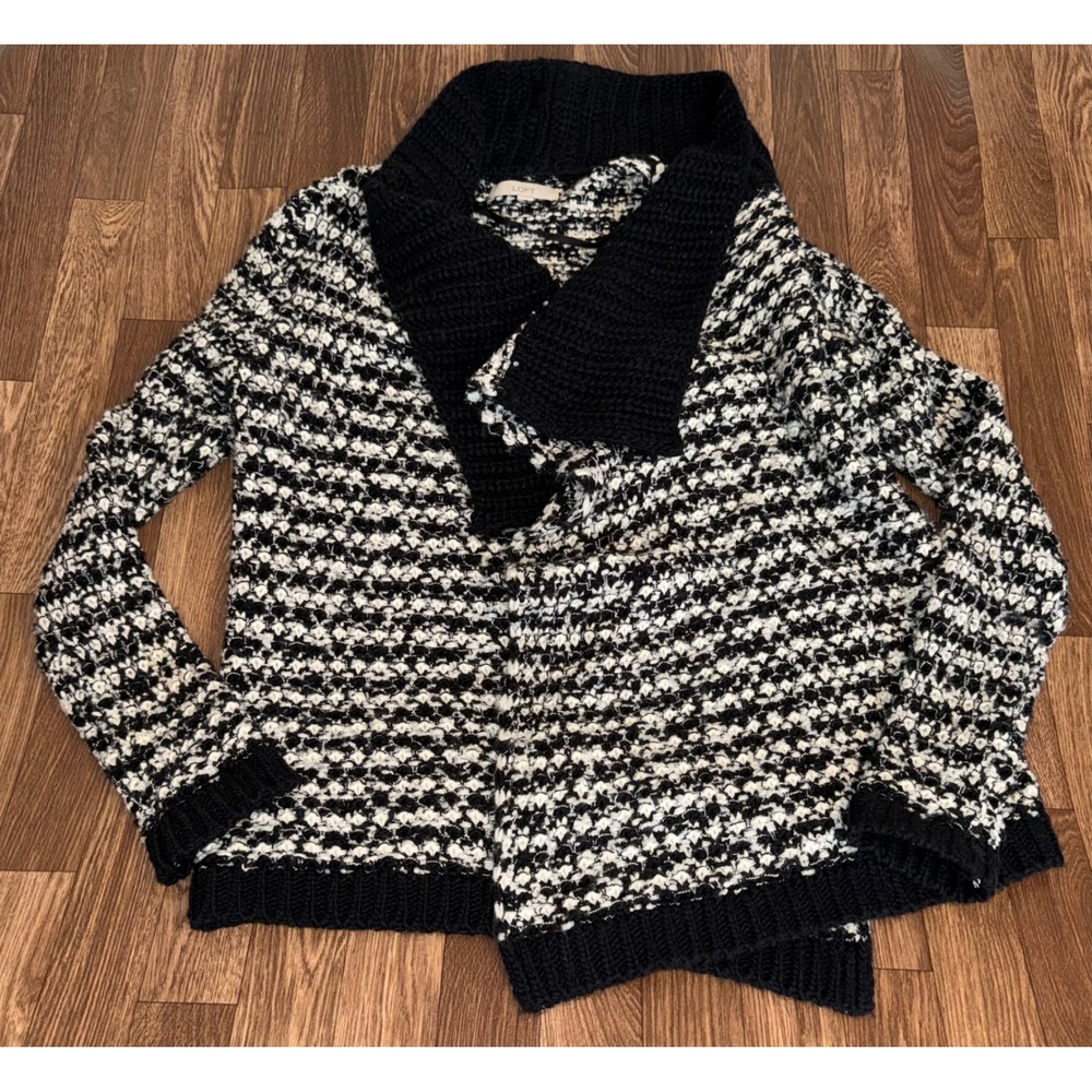 LOFT Black White Textured Knit Shawl Collar Cardigan Sweater M